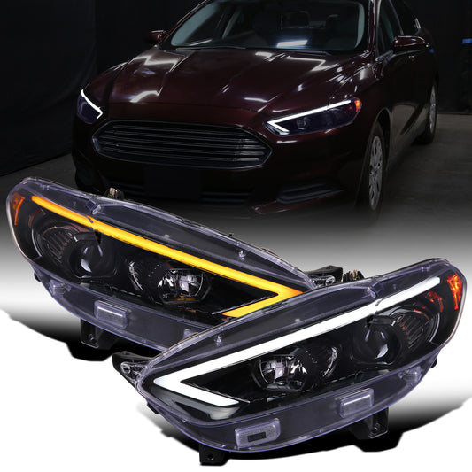 Ronnin - Fits 2013-2016 Ford Fusion LED Switchback Sequential Turn Signals Projector Halogen Headlights Upgrade Assembly Pair | Black Smoke