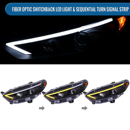 Ronnin - Fits 2013-2016 Ford Fusion LED Switchback Sequential Turn Signals Projector Halogen Headlights Upgrade Assembly Pair | Matte Black
