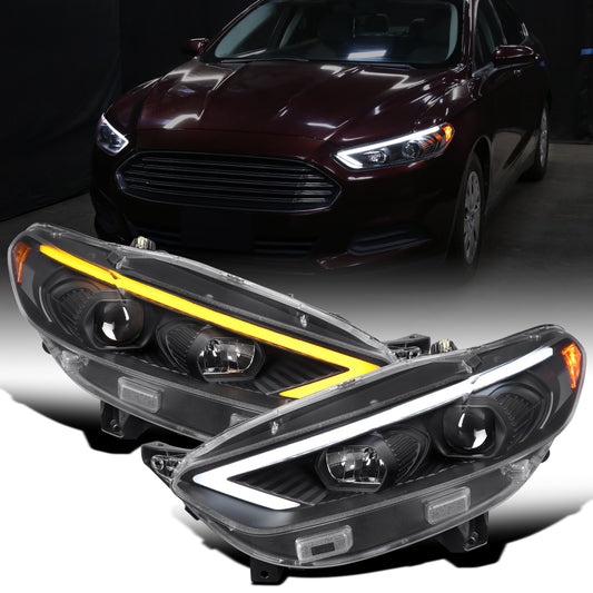 Ronnin - Fits 2013-2016 Ford Fusion LED Switchback Sequential Turn Signals Projector Halogen Headlights Upgrade Assembly Pair | Matte Black