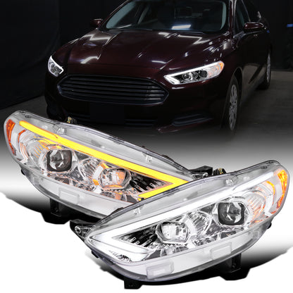 Ronnin - Fits 2013-2016 Ford Fusion LED Switchback Sequential Turn Signals Projector Halogen Headlights Upgrade Assembly Pair | Chrome