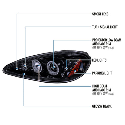 Ronnin - Fits 1999-2005 Pontiac Grand AM Upgrade Replacement LED Dual Rims Projector Headlights Assembly Pair | Black Smoke