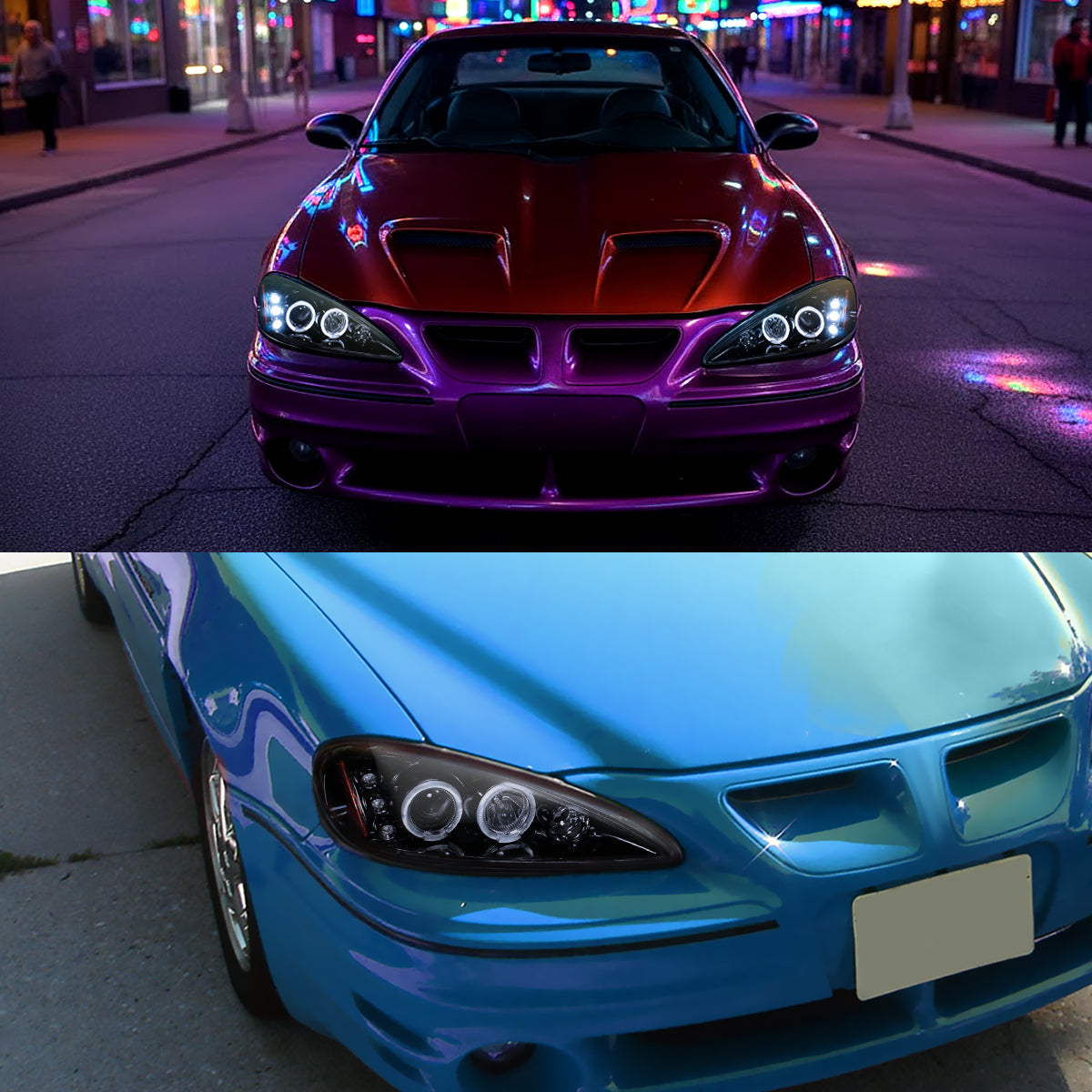 Ronnin - Fits 1999-2005 Pontiac Grand AM Upgrade Replacement LED Dual Rims Projector Headlights Assembly Pair | Black Smoke