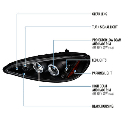 Ronnin - Fits 1999-2005 Pontiac Grand AM Upgrade Replacement LED Dual Rims Projector Headlights Assembly Pair | Black