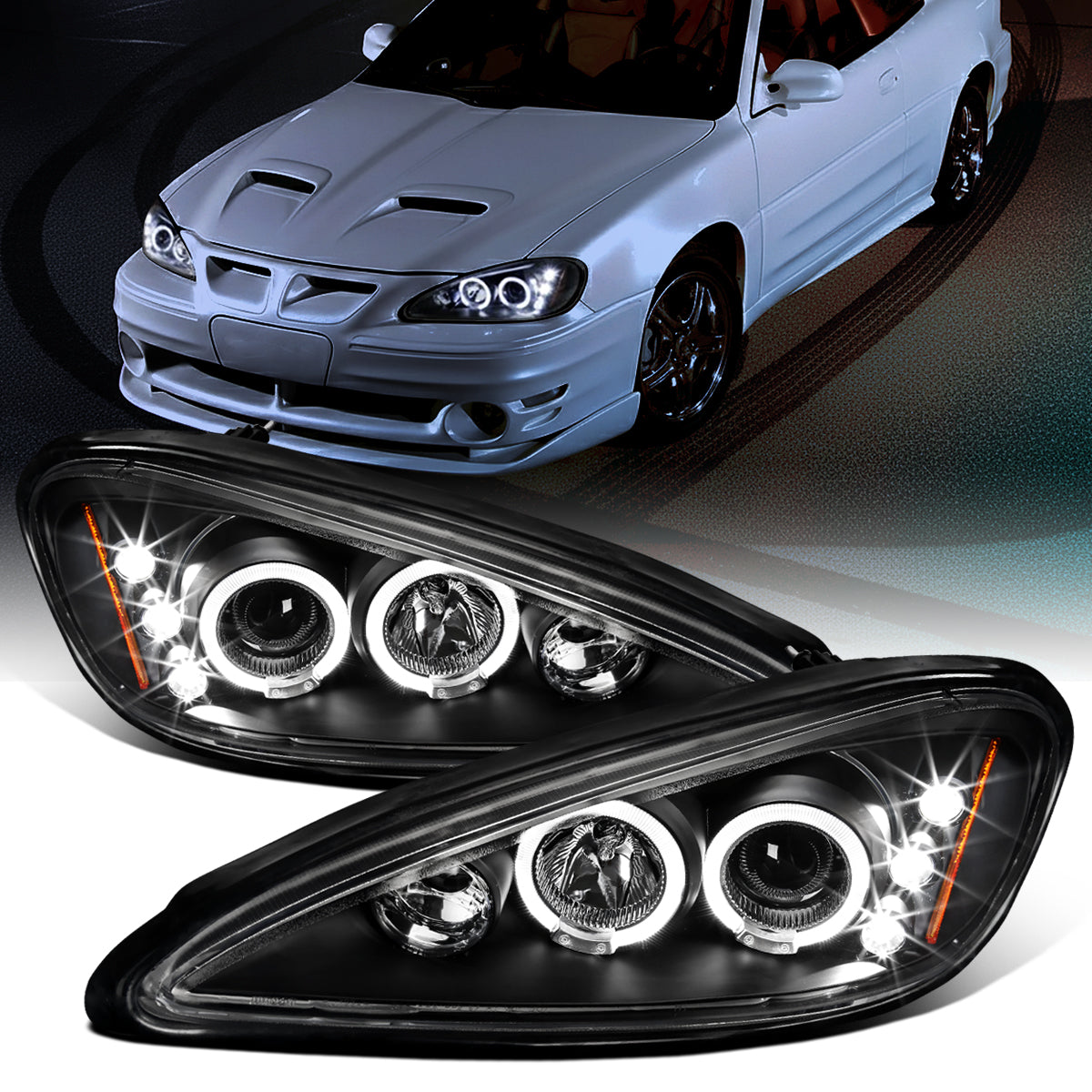 Ronnin - Fits 1999-2005 Pontiac Grand AM Upgrade Replacement LED Dual Rims Projector Headlights Assembly Pair | Black