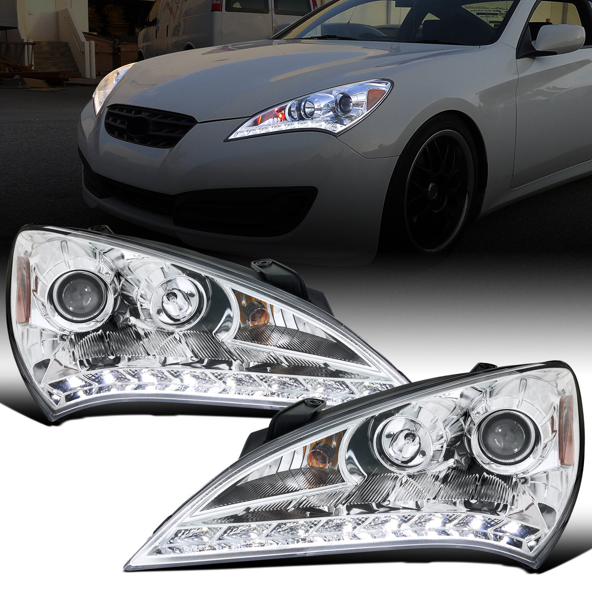 Ronnin - Fits 2010-2012 Hyundai Genesis Coupe LED Running Lights Projector Halogen Headlights Replacement Assembly Pair | Chrome