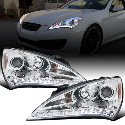 Ronnin - Fits 2010-2012 Hyundai Genesis Coupe LED Running Lights Projector Halogen Headlights Replacement Assembly Pair | Chrome