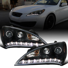 Ronnin - Fits 2010-2012 Hyundai Genesis Coupe LED Running Lights Projector Halogen Headlights Replacement Assembly Pair | Gloss Black