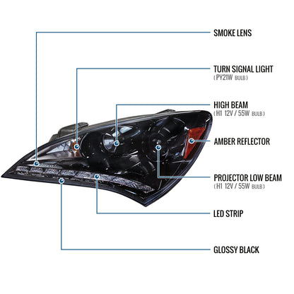 Ronnin - Fits 2010-2012 Hyundai Genesis Coupe LED Running Lights Projector Halogen Headlights Replacement Assembly Pair | Black Smoke