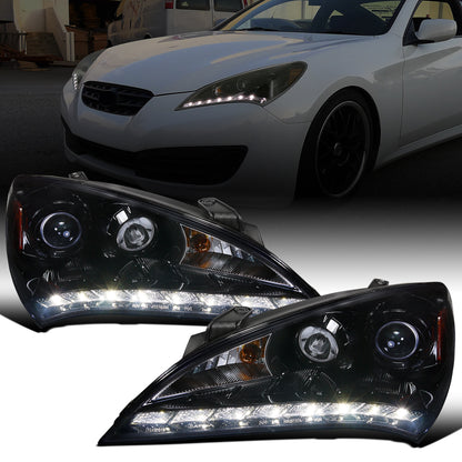 Ronnin - Fits 2010-2012 Hyundai Genesis Coupe LED Running Lights Projector Halogen Headlights Replacement Assembly Pair | Black Smoke