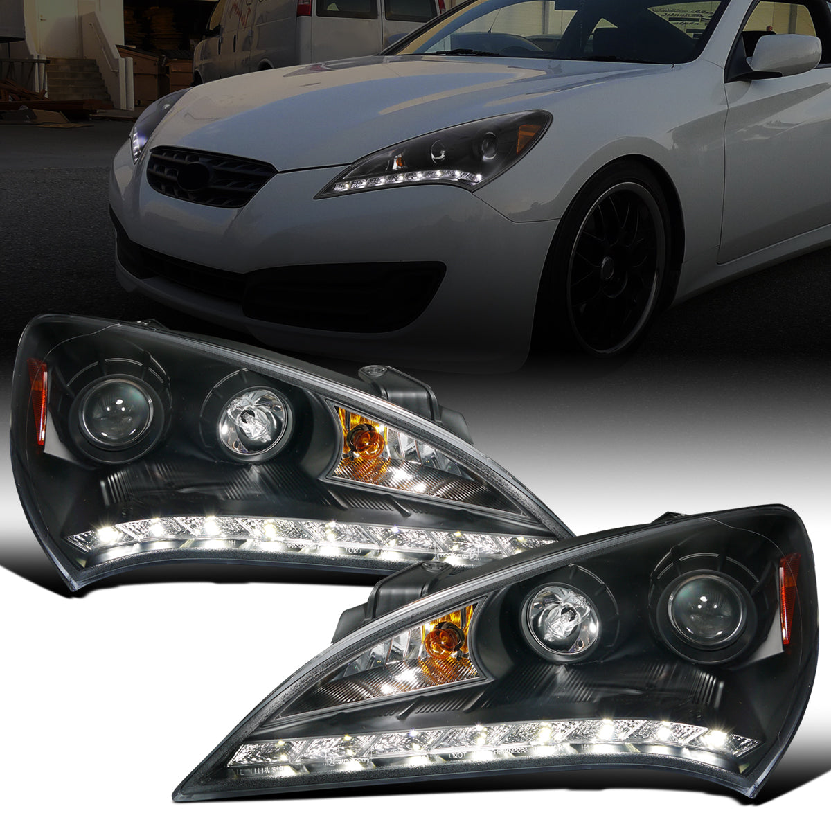 Ronnin - Fits 2010-2012 Hyundai Genesis Coupe LED Running Lights Projector Halogen Headlights Replacement Assembly Pair | Black