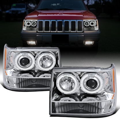 Ronnin - Se adapta a Jeep Grand Cherokee de 1993-1996, faros delanteros de proyector LED mejorados con doble aro de repuesto | Cromado