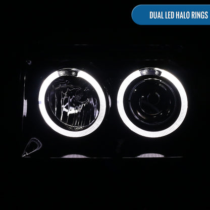 Ronnin - Compatible con Jeep Grand Cherokee 1993-1996 Faros delanteros de proyector LED de doble aro mejorados | Humo negro