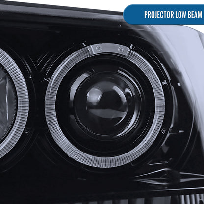 Ronnin - Compatible con Jeep Grand Cherokee 1993-1996 Faros delanteros de proyector LED de doble aro mejorados | Humo negro