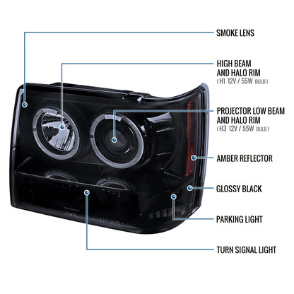 Ronnin - Compatible con Jeep Grand Cherokee 1993-1996 Faros delanteros de proyector LED de doble aro mejorados | Humo negro