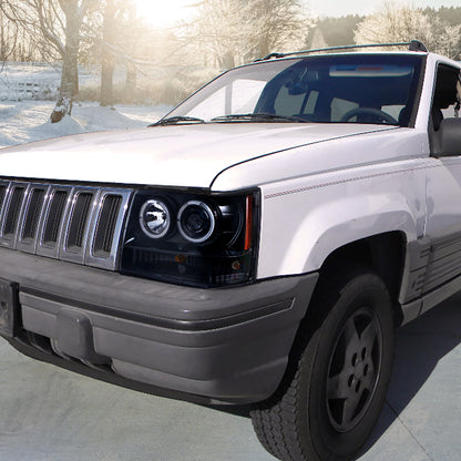 Ronnin - Compatible con Jeep Grand Cherokee 1993-1996 Faros delanteros de proyector LED de doble aro mejorados | Humo negro