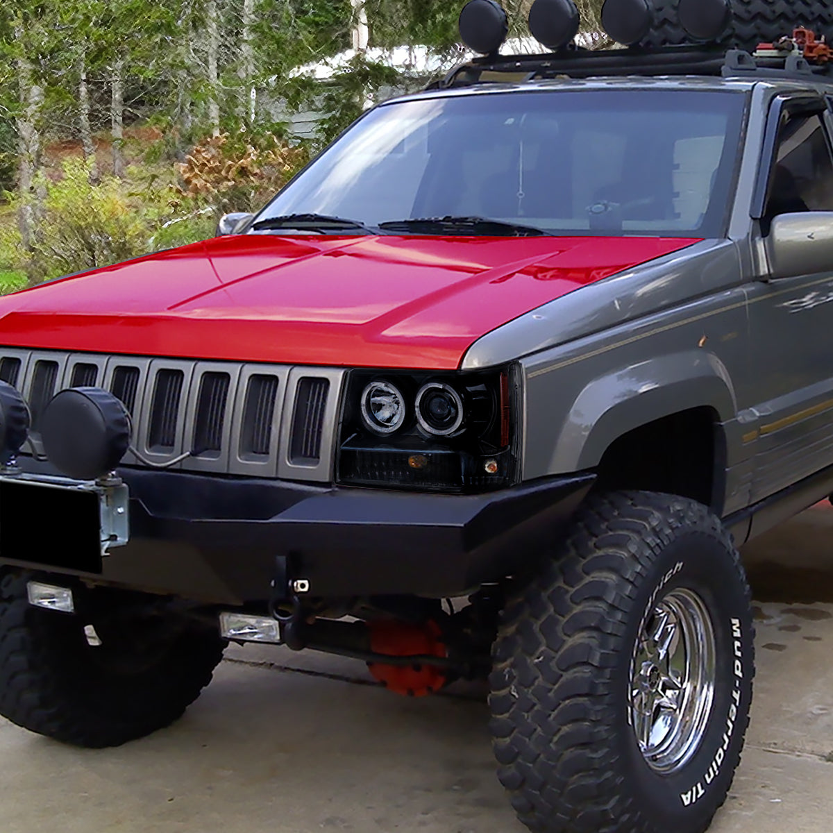 Ronnin - Compatible con Jeep Grand Cherokee 1993-1996 Faros delanteros de proyector LED de doble aro mejorados | Humo negro