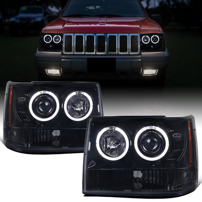 Ronnin - Compatible con Jeep Grand Cherokee 1993-1996 Faros delanteros de proyector LED de doble aro mejorados | Humo negro