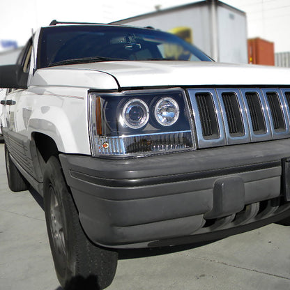 Ronnin - Se adapta a Jeep Grand Cherokee de 1993-1996, faros delanteros de proyector LED de doble aro de repuesto mejorados, par | Negro