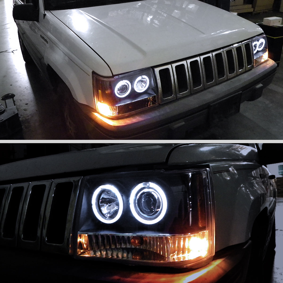 Ronnin - Se adapta a Jeep Grand Cherokee de 1993-1996, faros delanteros de proyector LED de doble aro de repuesto mejorados, par | Negro