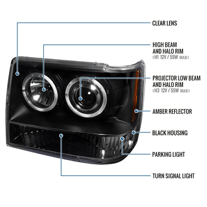 Ronnin - Se adapta a Jeep Grand Cherokee de 1993-1996, faros delanteros de proyector LED de doble aro de repuesto mejorados, par | Negro