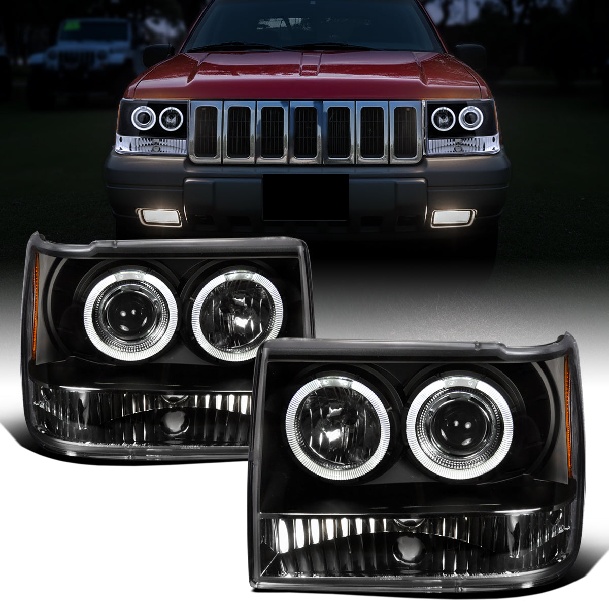 Ronnin - Se adapta a Jeep Grand Cherokee de 1993-1996, faros delanteros de proyector LED de doble aro de repuesto mejorados, par | Negro