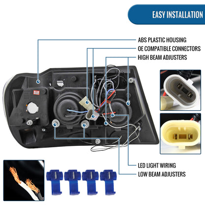 Ronnin - Fits 1999-2004 Jeep Grand Cherokee Upgrade Replacement LED Dual Rims Projector Headlights Assembly Pair | Gloss Black