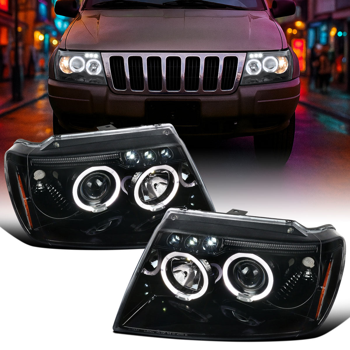 Ronnin - Fits 1999-2004 Jeep Grand Cherokee Upgrade Replacement LED Dual Rims Projector Headlights Assembly Pair | Gloss Black