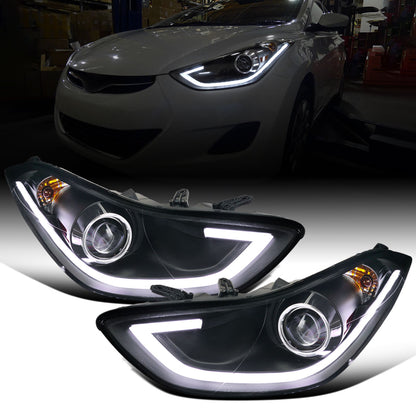 Ronnin - Fits 2011-2013 Hyundai Elantra LED Tube Running Lights Projector Headlights Upgrade Assembly Pair | Black
