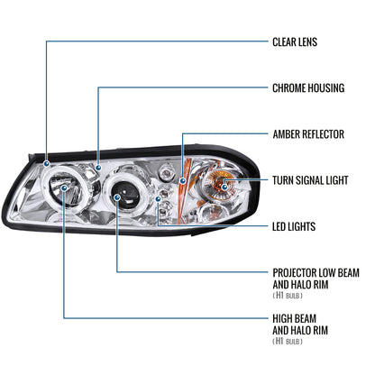 Ronnin - Fits 2000-2005 Chevy Impala Upgrade LED Dual Rims Running Lights Projector Headlights Assembly Pair | Chrome