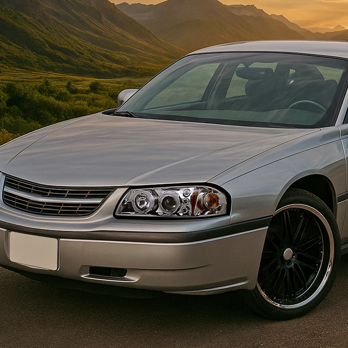 Ronnin - Fits 2000-2005 Chevy Impala Upgrade LED Dual Rims Running Lights Projector Headlights Assembly Pair | Chrome