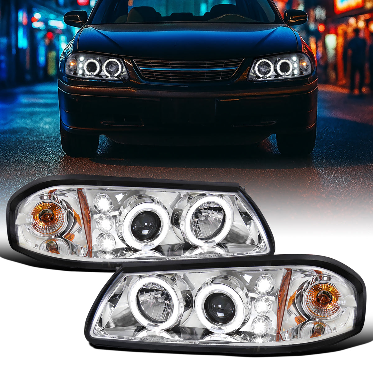 Ronnin - Fits 2000-2005 Chevy Impala Upgrade LED Dual Rims Running Lights Projector Headlights Assembly Pair | Chrome