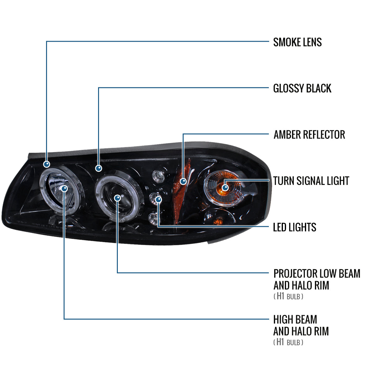 Ronnin - Fits 2000-2005 Chevy Impala Upgrade LED Dual Rims Running Lights Projector Headlights Assembly Pair | Black Smoke