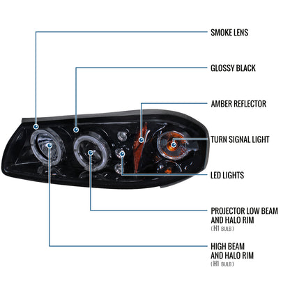 Ronnin - Fits 2000-2005 Chevy Impala Upgrade LED Dual Rims Running Lights Projector Headlights Assembly Pair | Black Smoke
