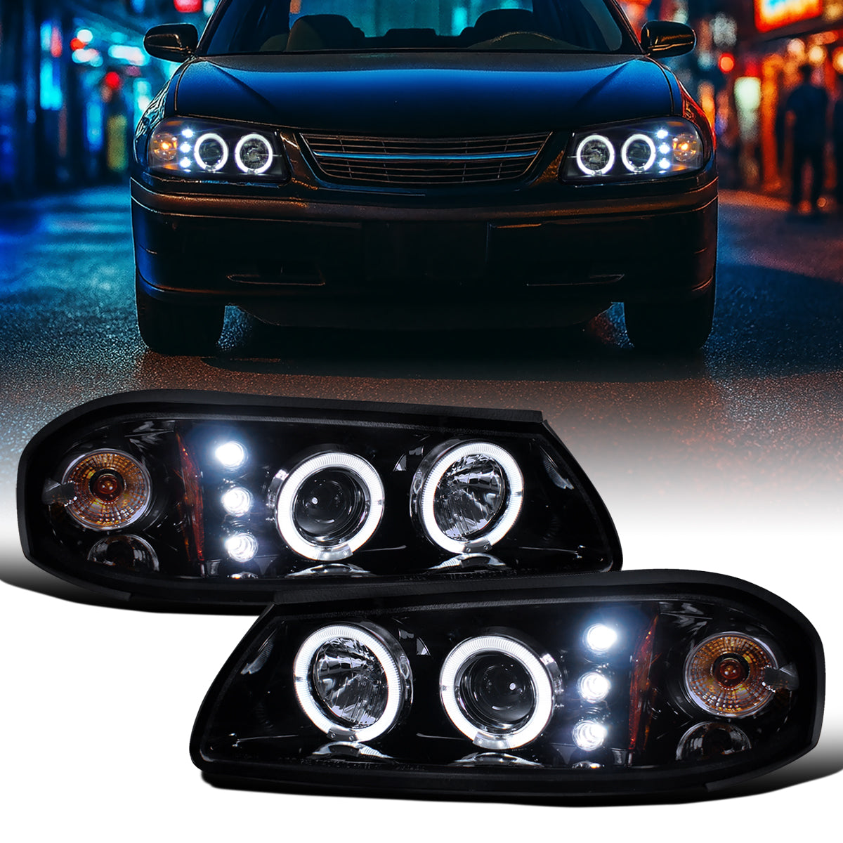 Ronnin - Fits 2000-2005 Chevy Impala Upgrade LED Dual Rims Running Lights Projector Headlights Assembly Pair | Black Smoke