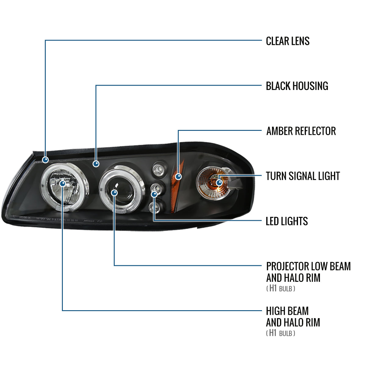 Ronnin - Fits 2000-2005 Chevy Impala Upgrade LED Dual Rims Running Lights Projector Headlights Assembly Pair | Black
