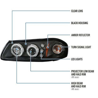 Ronnin - Fits 2000-2005 Chevy Impala Upgrade LED Dual Rims Running Lights Projector Headlights Assembly Pair | Black