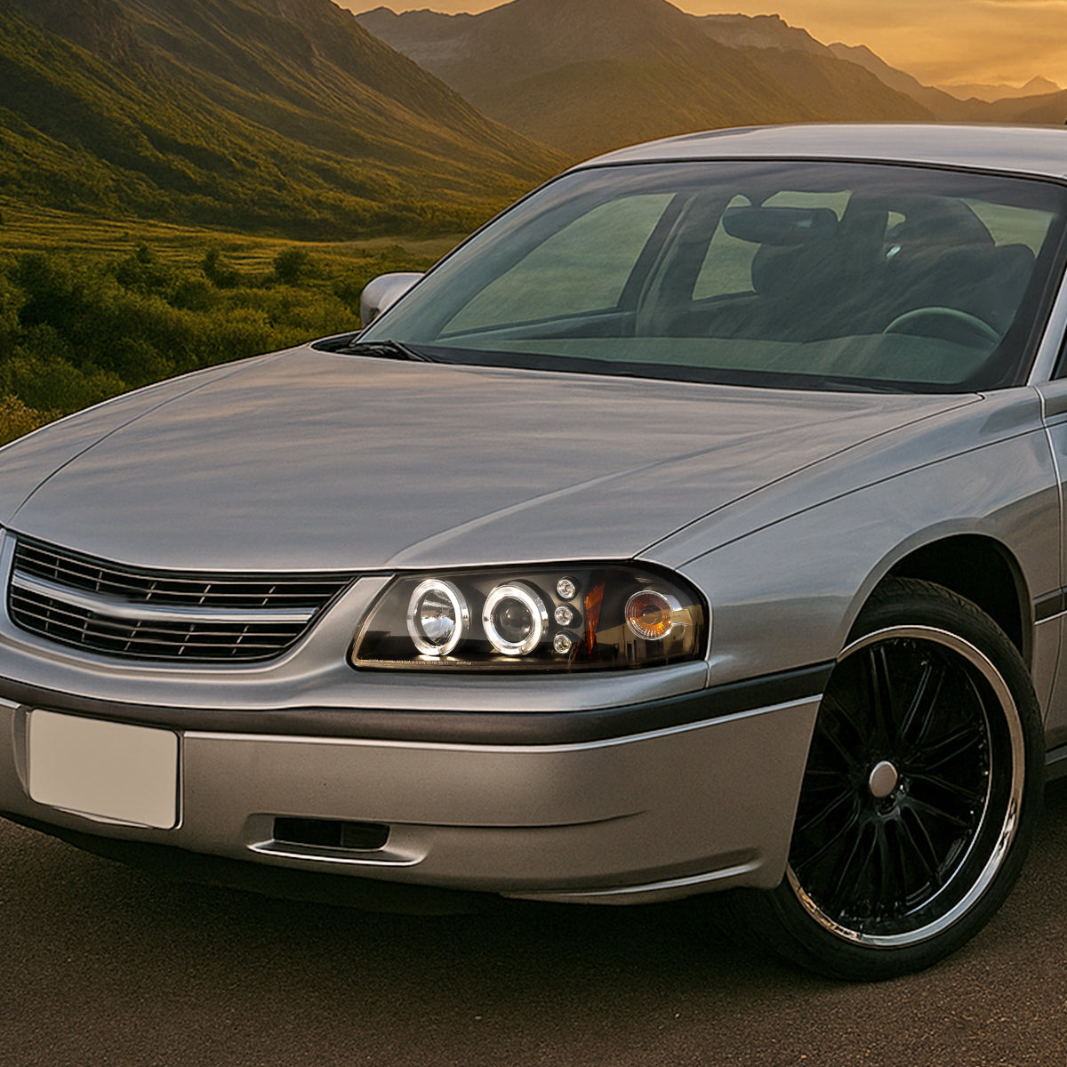 Ronnin - Fits 2000-2005 Chevy Impala Upgrade LED Dual Rims Running Lights Projector Headlights Assembly Pair | Black