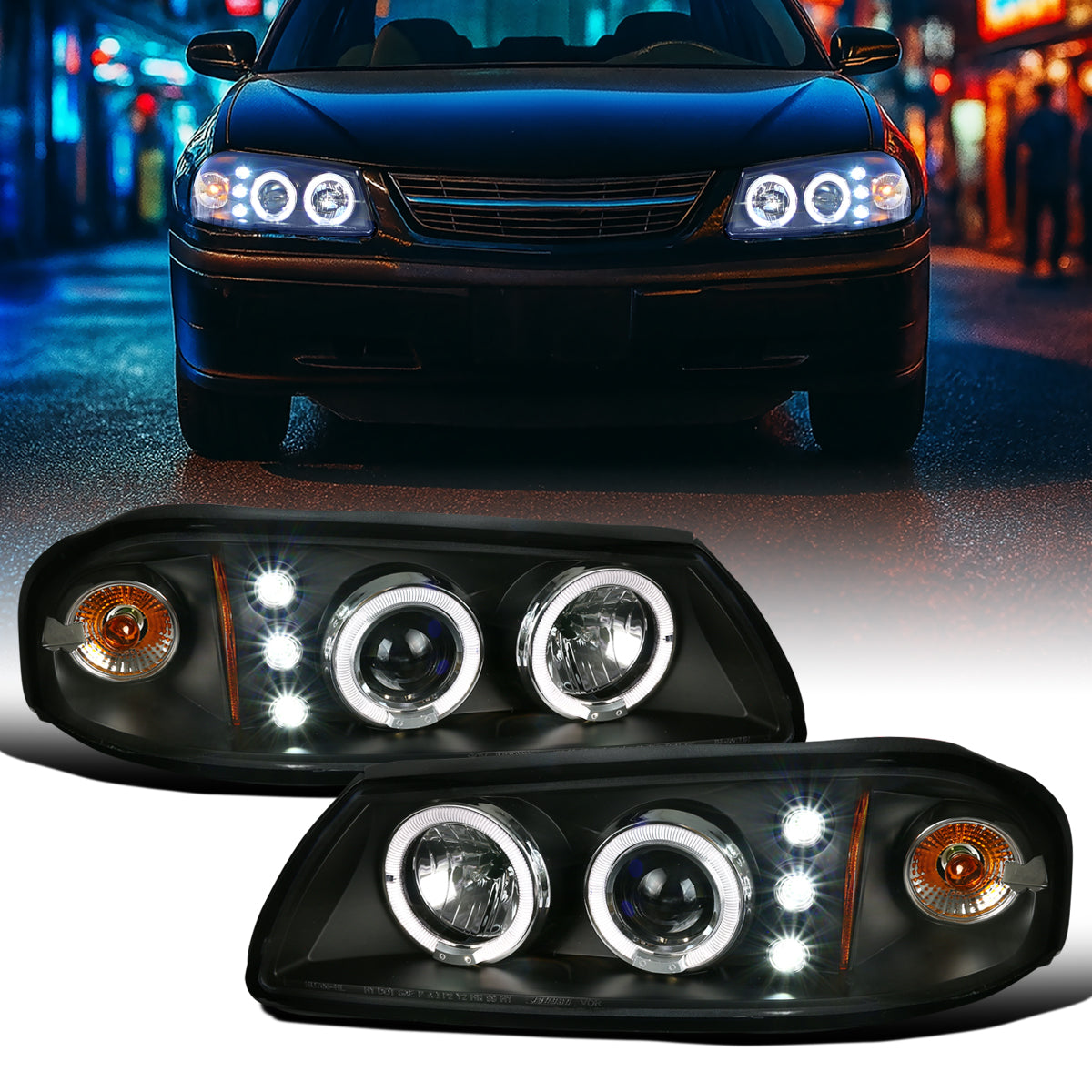 Ronnin - Fits 2000-2005 Chevy Impala Upgrade LED Dual Rims Running Lights Projector Headlights Assembly Pair | Black