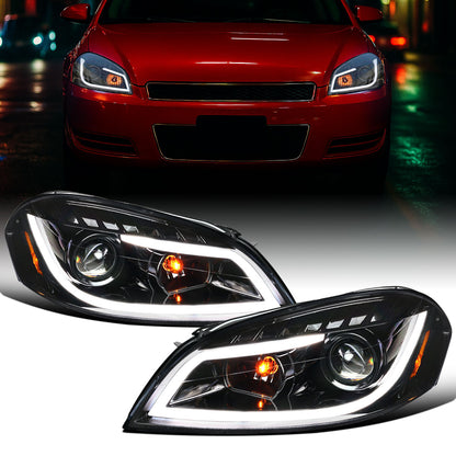 Ronnin - Fits 2006-2016 Chevy Impala 2006-2007 Chevy Monte Carlo Upgrade LED Running Light Tube Projector Headlights Assembly Pair | Gloss Black