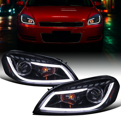 Ronnin - Fits 2006-2016 Chevy Impala 2006-2007 Chevy Monte Carlo Upgrade LED Running Light Tube Projector Headlights Assembly Pair | Black Smoke