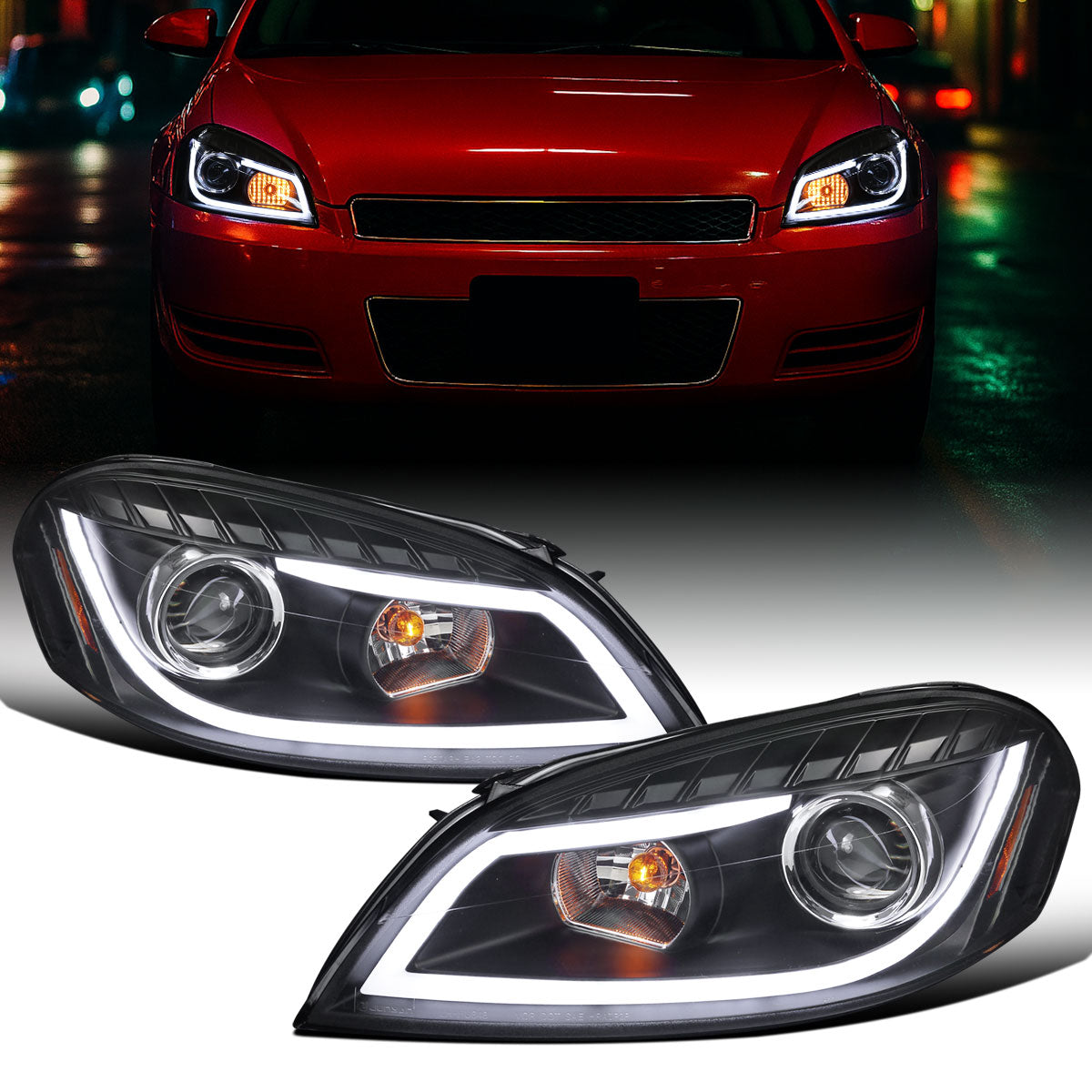 Ronnin - Fits 2006-2016 Chevy Impala 2006-2007 Chevy Monte Carlo Upgrade LED Running Light Tube Projector Headlights Assembly Pair | Black