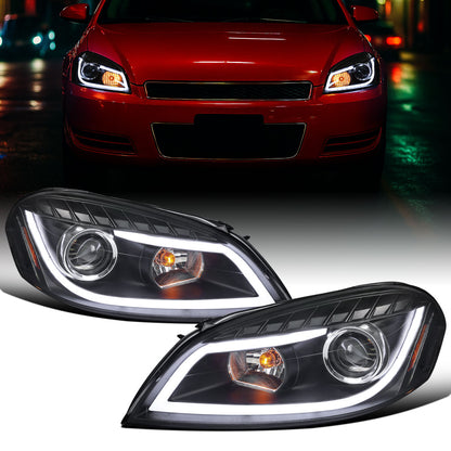 Ronnin - Fits 2006-2016 Chevy Impala 2006-2007 Chevy Monte Carlo Upgrade LED Running Light Tube Projector Headlights Assembly Pair | Black