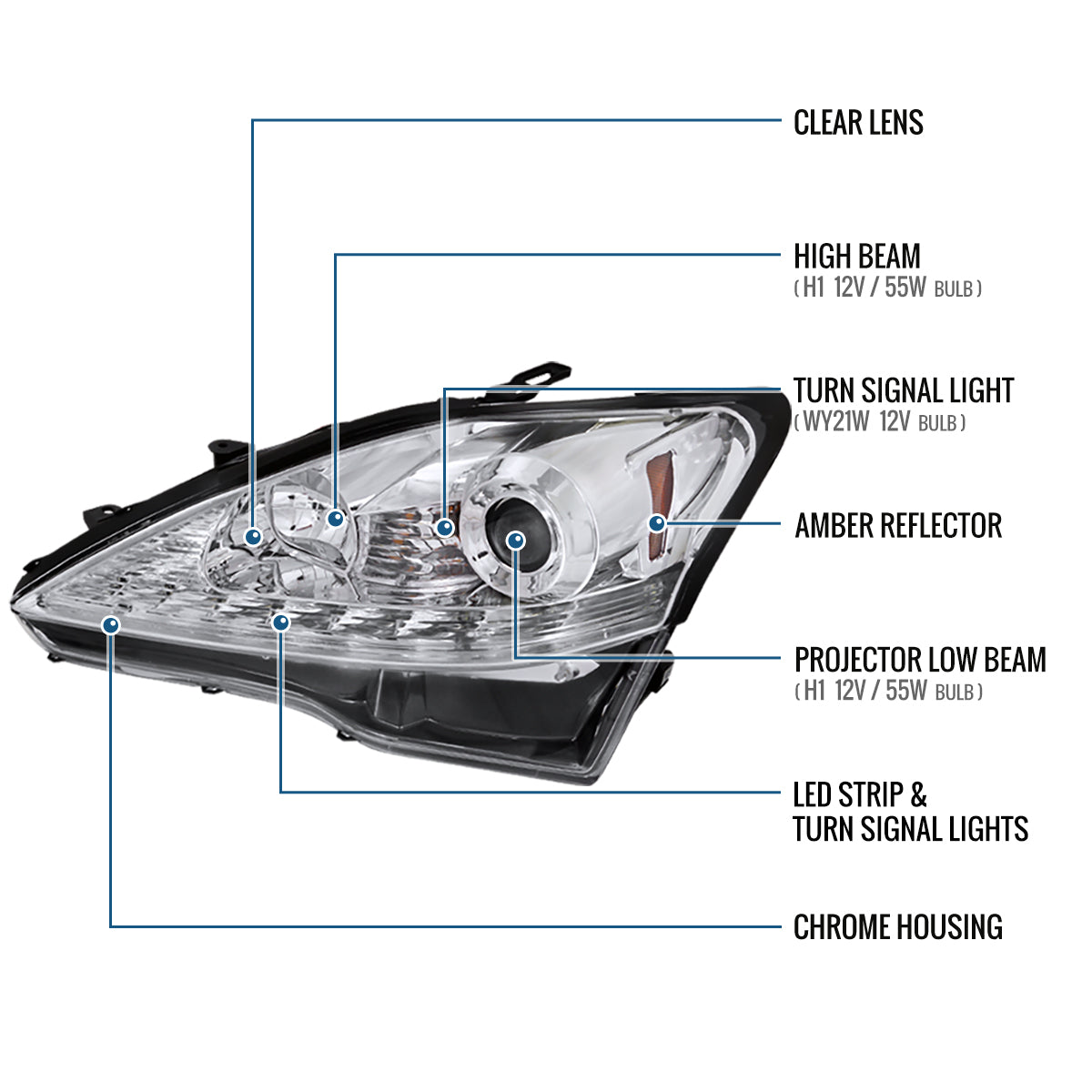 Ronnin - Fits 2006-2010 Lexus IS250 IS350 Upgrade Projector Halogen Headlights Assembly LED Integrated Running and Turn Signal Lights Pair | Chrome