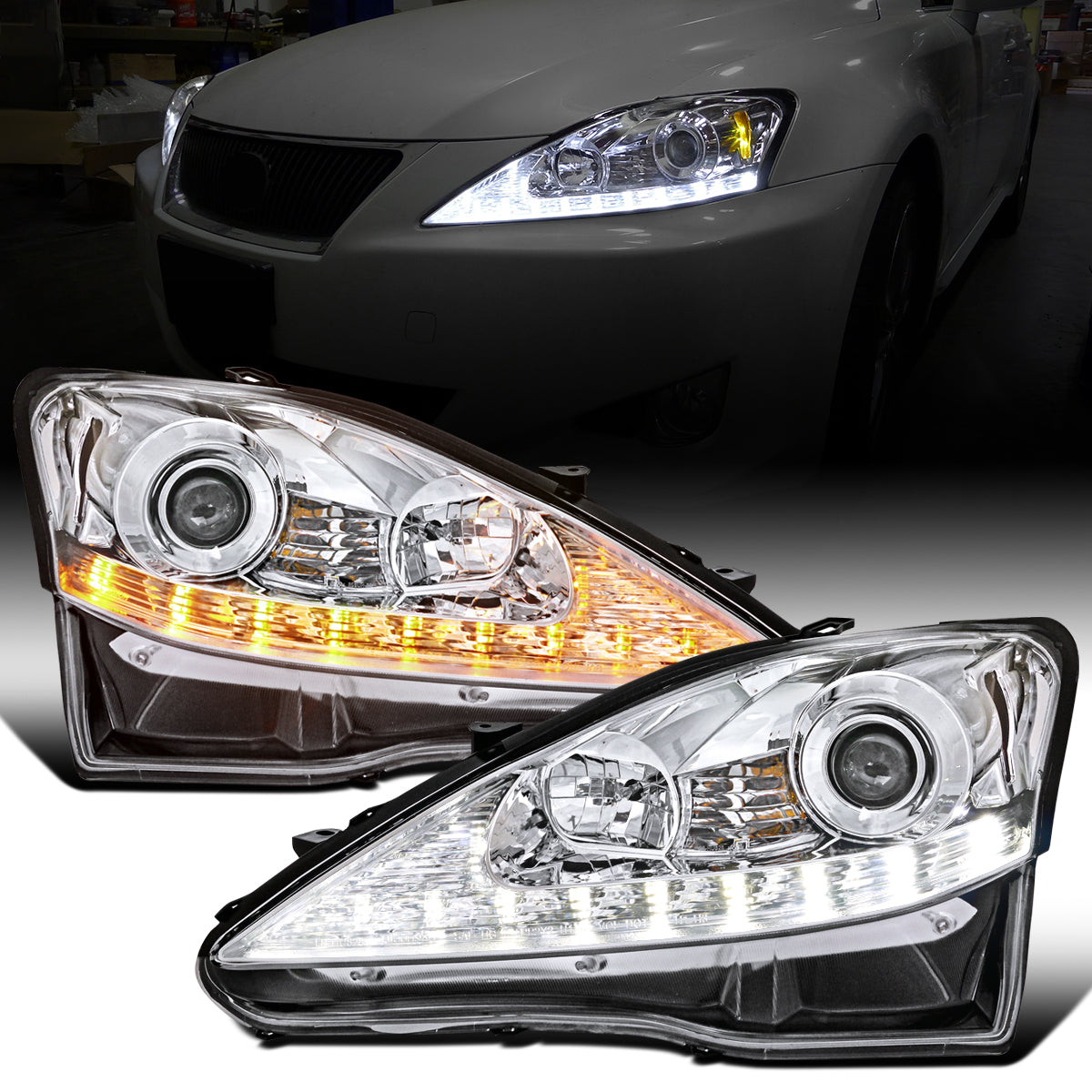 Ronnin - Fits 2006-2010 Lexus IS250 IS350 Upgrade Projector Halogen Headlights Assembly LED Integrated Running and Turn Signal Lights Pair | Chrome