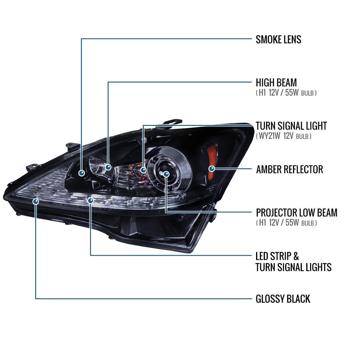 Ronnin - Fits 2006-2010 Lexus IS250 IS350 Upgrade Projector Halogen Headlights Assembly LED Integrated Running and Turn Signal Lights Pair | Black Smoke