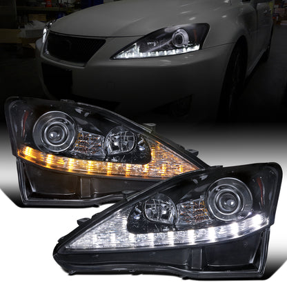 Ronnin - Fits 2006-2010 Lexus IS250 IS350 Upgrade Projector Halogen Headlights Assembly LED Integrated Running and Turn Signal Lights Pair | Black Smoke