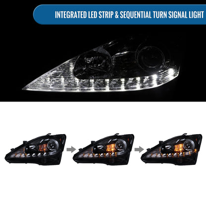 Ronnin - Fits 2006-2010 Lexus IS250 IS350 Upgrade LED Switchback Sequential Turn Signals Projector Halogen Headlights Assembly Pair | Black Smoke