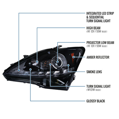 Ronnin - Fits 2006-2010 Lexus IS250 IS350 Upgrade LED Switchback Sequential Turn Signals Projector Halogen Headlights Assembly Pair | Black Smoke