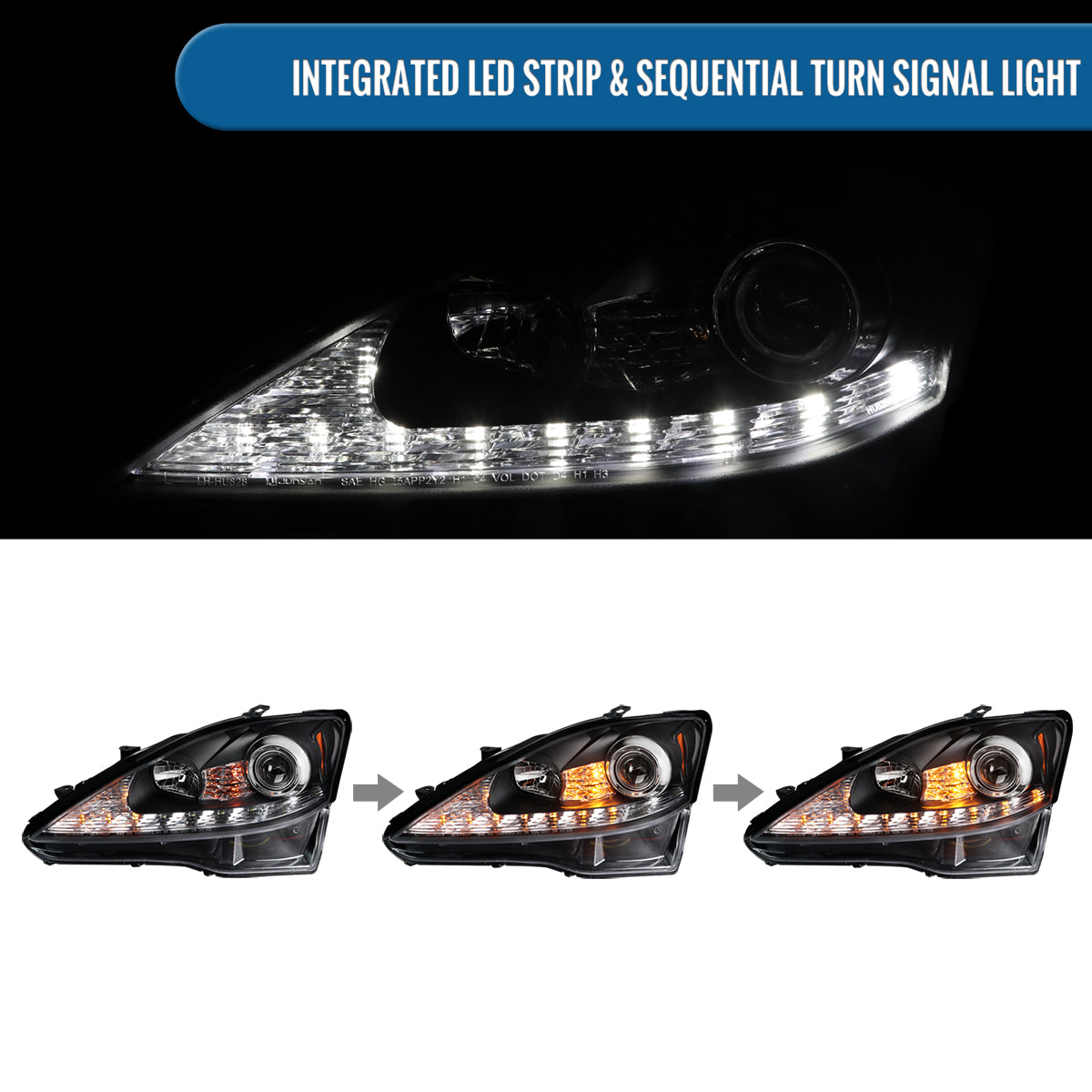 Ronnin - Fits 2006-2010 Lexus IS250 IS350 Upgrade LED Switchback Sequential Turn Signals Projector Halogen Headlights Assembly Pair | Black