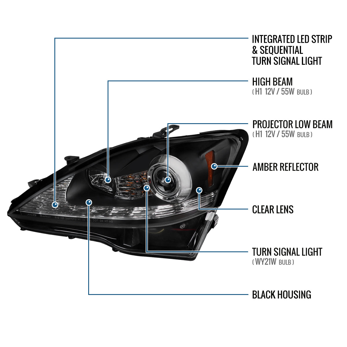 Ronnin - Fits 2006-2010 Lexus IS250 IS350 Upgrade LED Switchback Sequential Turn Signals Projector Halogen Headlights Assembly Pair | Black